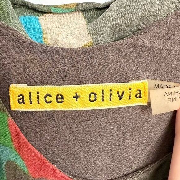 Alice + Olivia Multicolor Short Dress Size XS/S 100% Silk Brown Artsy Geometric - Picture 7 of 9